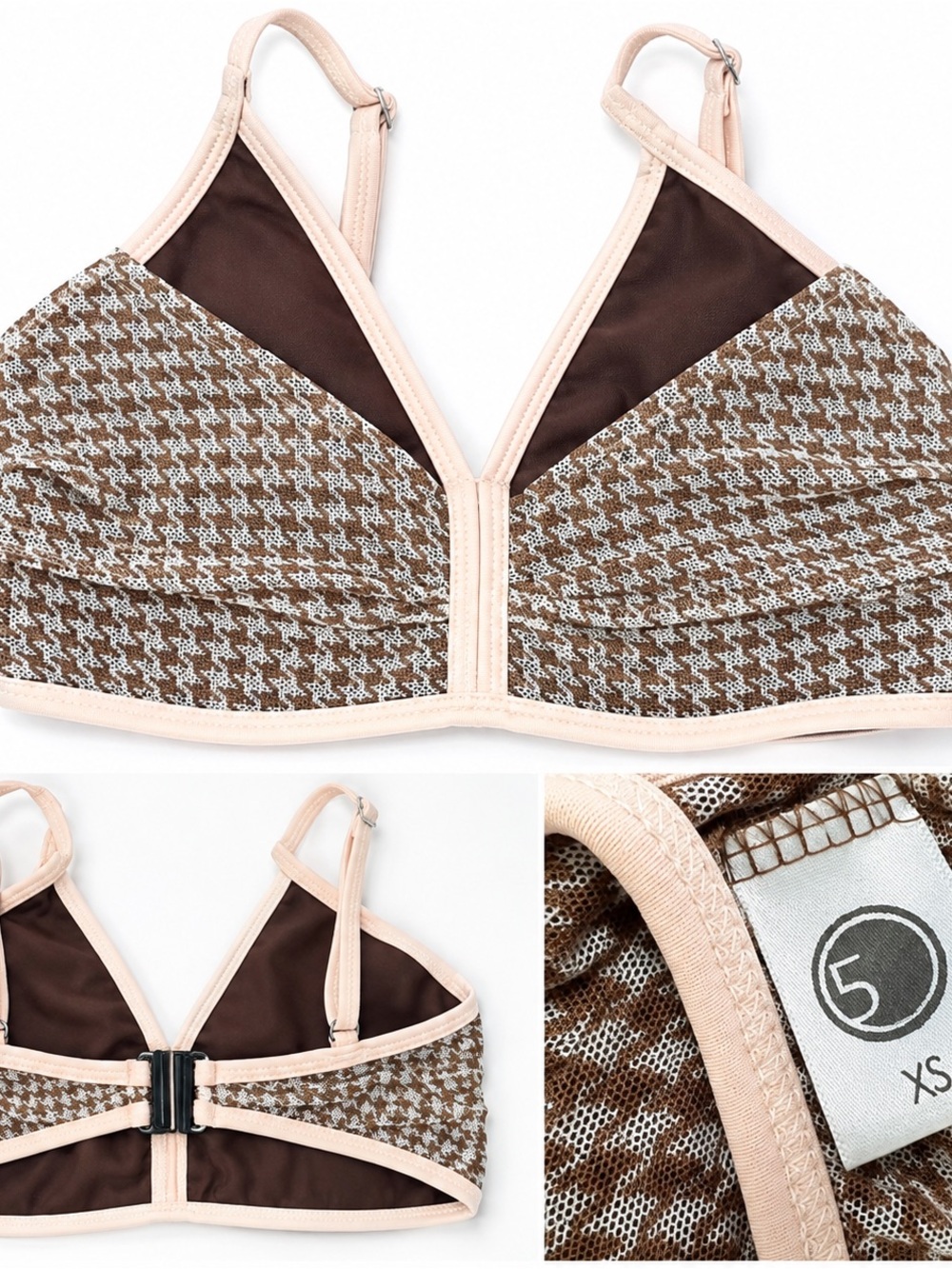 Houndstooth Bralette with Contrast Trim — Brown & Cream